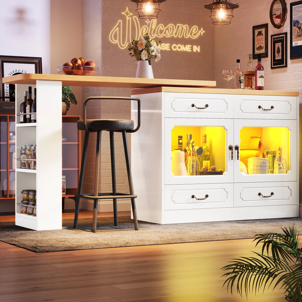 Bartisch Allungabile con Ripiano e LED ¨C MINIMAL ¨C Bianco, 135-203x39x92.8cm