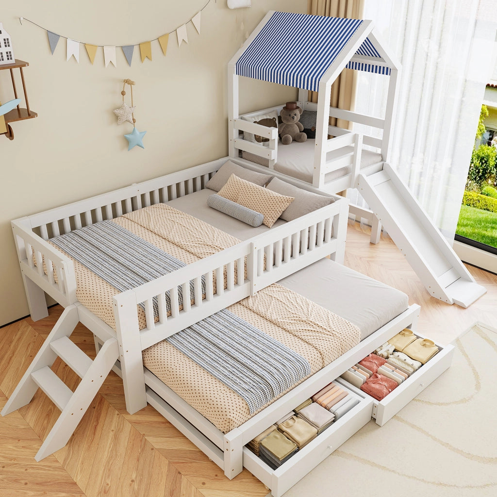 Letto bambino 90×200 cm e 90×190 cm con scivolo; scala; cassetti e letto estraibile; senza materasso; bianco