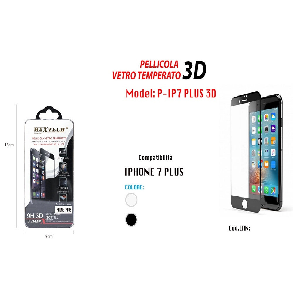 Trade Shop - Pellicola Vetro Temperato 3d Compatibile Per Iphone 7 Plus Protezione Maxtech P-ip7 Plus 3d -