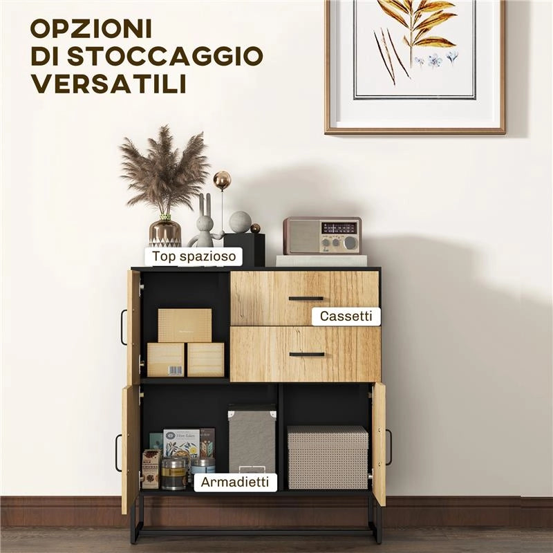 CREDENZA MODERNA CON 3 ARMADIETTI E 2 CASSETTI IN TRUCIOLATO E ACCIAIO 80X35X88 CM NERO E COLOR LEGNO