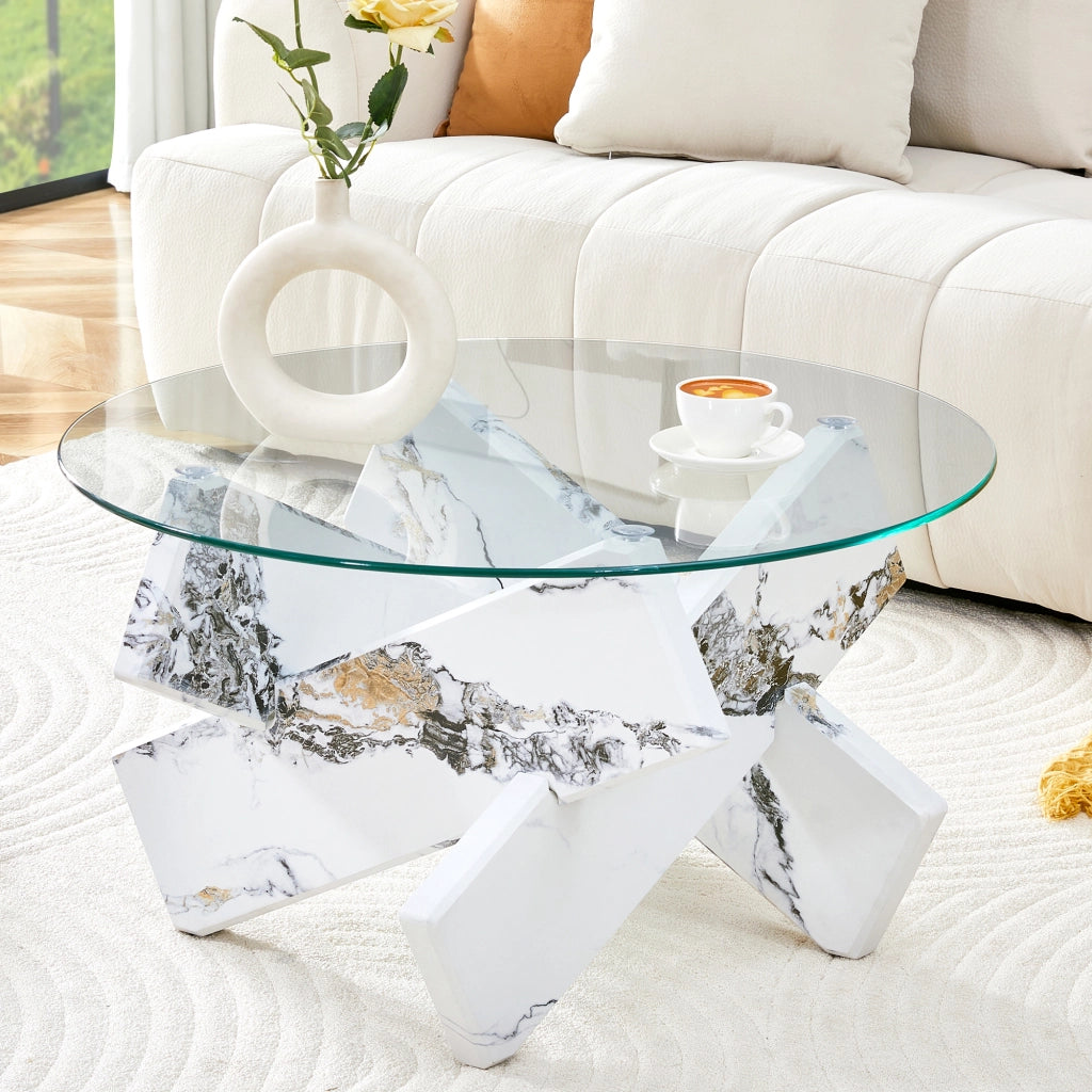 Tavolino rotondo in MDF e vetro multicolore opzionale: gambe di supporto con motivo effetto marmo bianco, semplici ed eleganti. Diametro 79 cm, piano