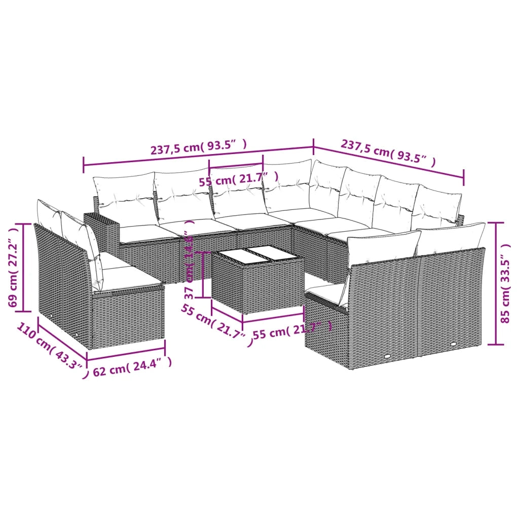 Set Divani da Giardino 12 pz con Cuscini Beige in Polyrattan