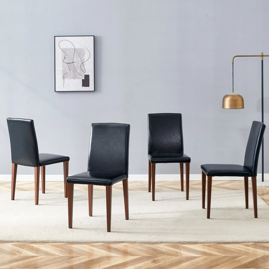 Set 4 sedie da pranzo moderne in PU nero con gambe in metallo effetto noce