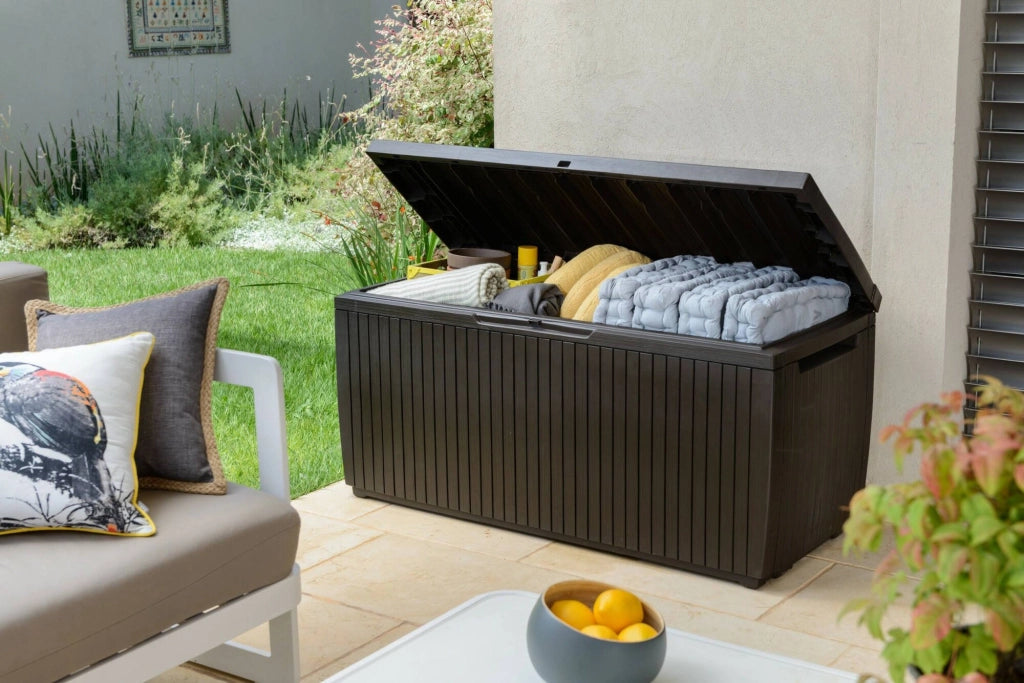Cassapanca outdoor Burlington, Baule da giardino, Contenitore da esterno, Panchina contenitore da esterno, 123x54 h57 cm, Marrone