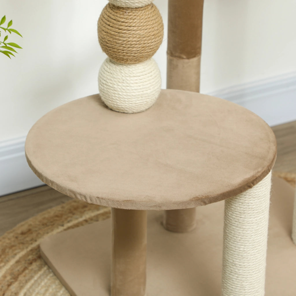 Tiragraffi per gatti con 2 piani, palla giocattolo, tronchi e palle ¨C Minimal ¨C marrone, 56x54x86 cm
