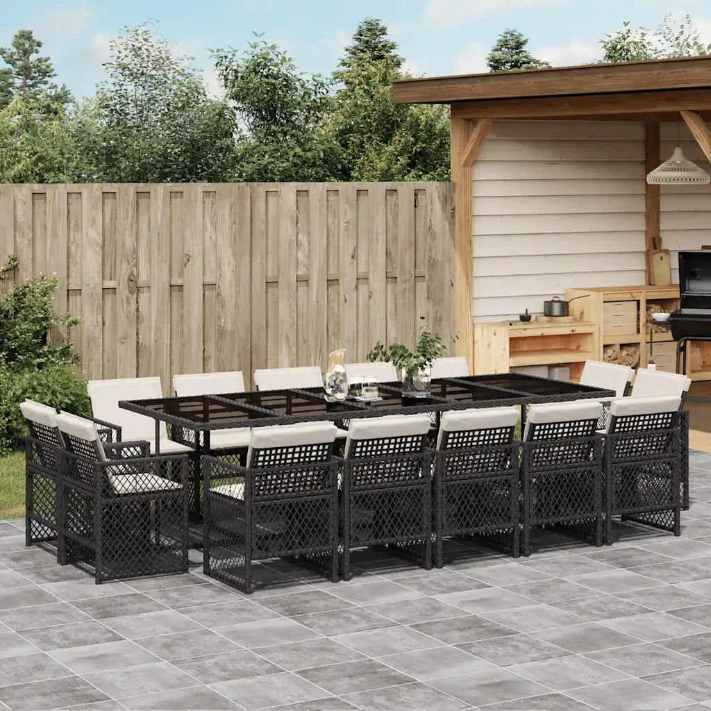 Set da Pranzo da Giardino 15 pz con Cuscini Nero in Polyrattan