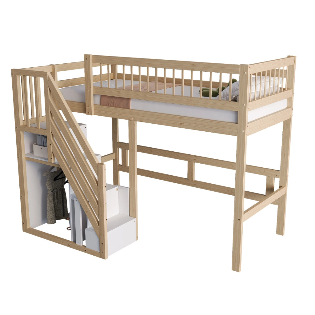 OKWISH Letto a Soppalco 90×200 cm, Letto Singolo con Scala Contenitore e Sponda, senza Materasso, in Legno, Naturale