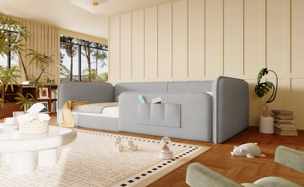 DESMIU Lit simple 90 × 200 cm con tasche portaoggetti, senza materasso, in lino, grigio