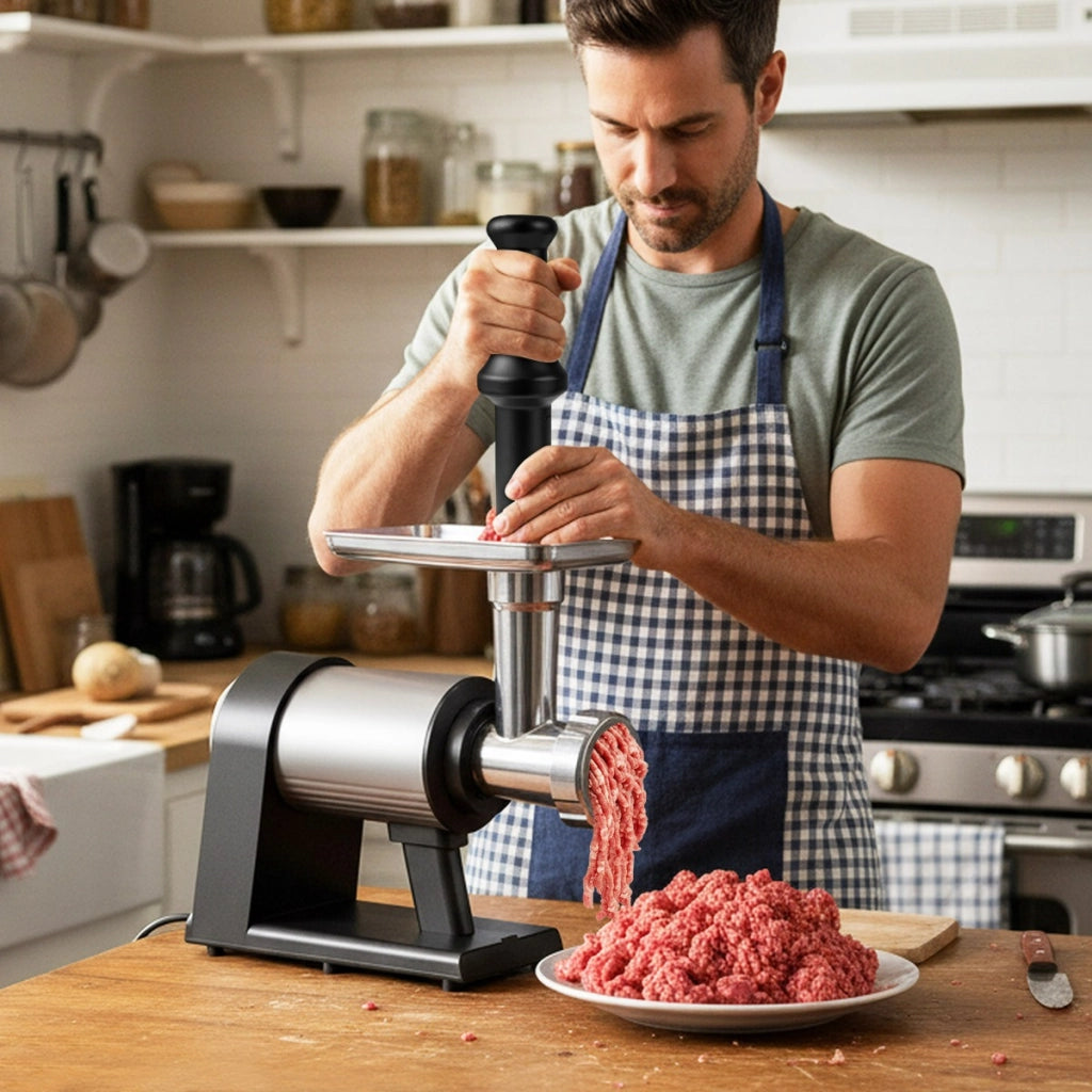 Tritacarne elettrico con insaccatore per salsicce e 3 dischi per macinare, Tritacarne in alluminio per cucina