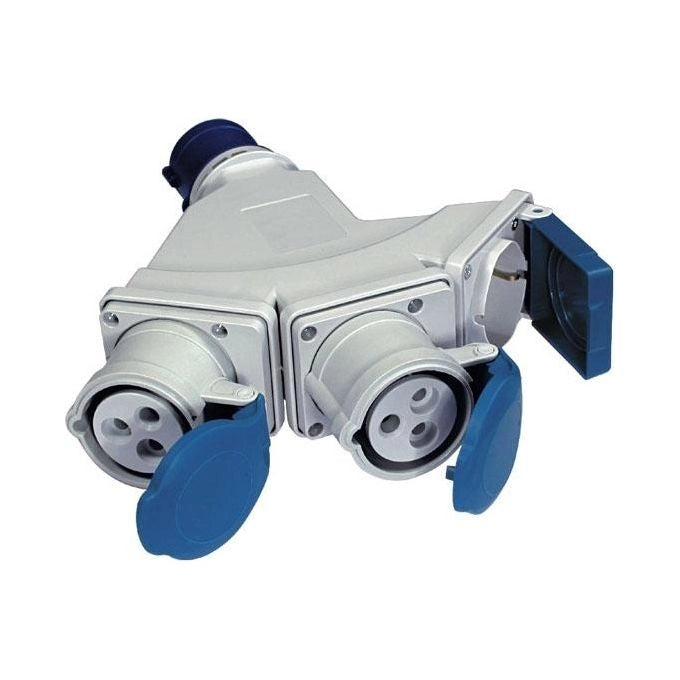 Fanton 73122 Adattatore multiplo industriale da spina CEE 2P+T 16A 230V a 2 prese CEE 2P+T 16A + 1 presa bipasso italo-tedesca 2P+T 16A IP44 colore Blu