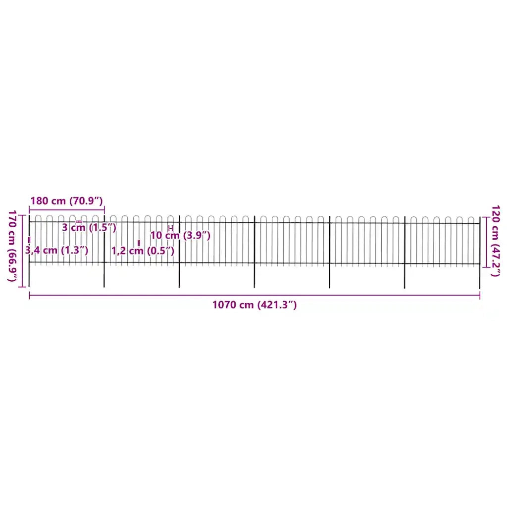 Recinzione da Giardino | Recinzione da cortile con Parte Superiore ad Anello in Acciaio 1070x120 cm Nera