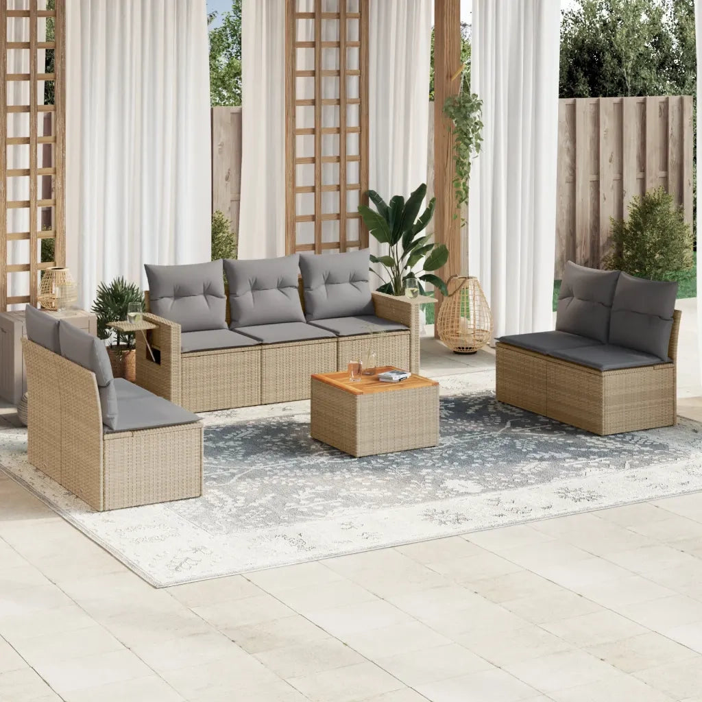 Set Divano da Giardino 8 pz con Cuscini Beige in Polyrattan