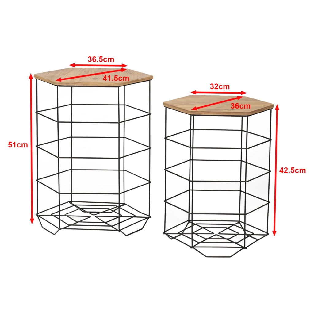 Set di 2 cestini hørsholm in metallo con vassoio esagonale estraibile nero / effetto legno 03_0008549