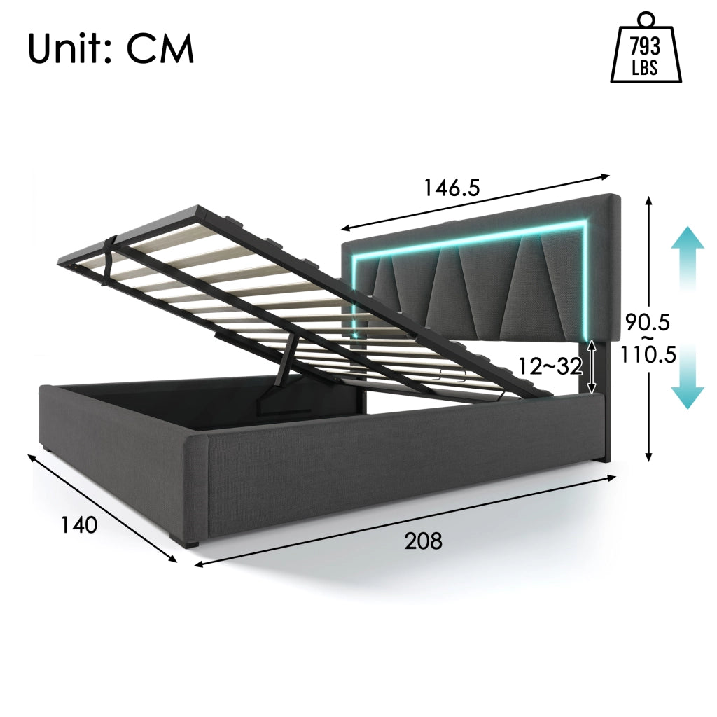 Letto contenitore matrimoniale 140×200 cm con testiera regolabile; USB; Type-C; LED; materasso incluso; grigio
