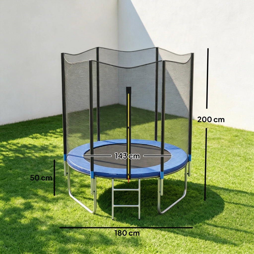 Trampolino Elastico con Scaletta e Rete di Sicurezza. in Acciaio e Plastica. ?180x200 cm. Blu