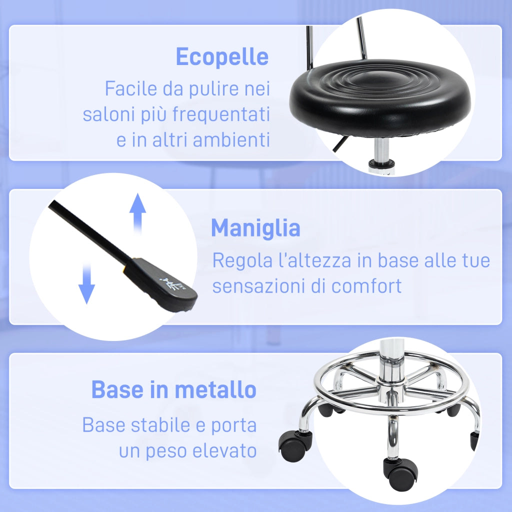 Sgabello Girevole con Schienale e Ruote ¨C zephmum ¨C Nero Finta pelle