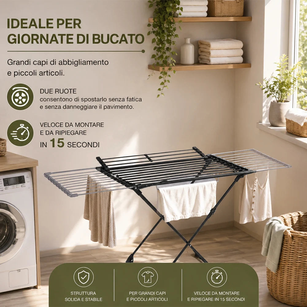 Stendibiancheria Allungabile 108-182 cm Stendino Salvaspazio Capacità 20 kg Estensibile in Ferro e PP Nero