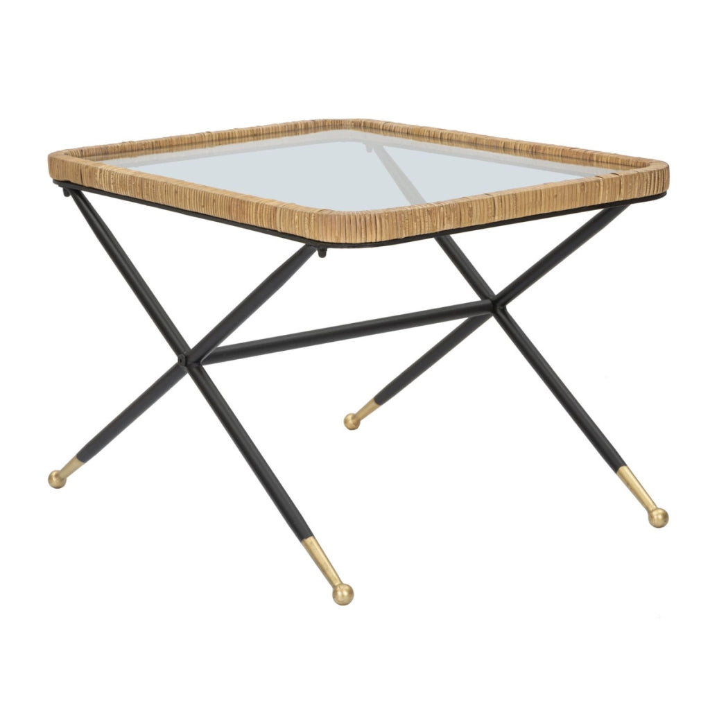Tavolino da caffè Saint Barth rettangolare con vetro, ferro e rattan — 70x50x45 cm