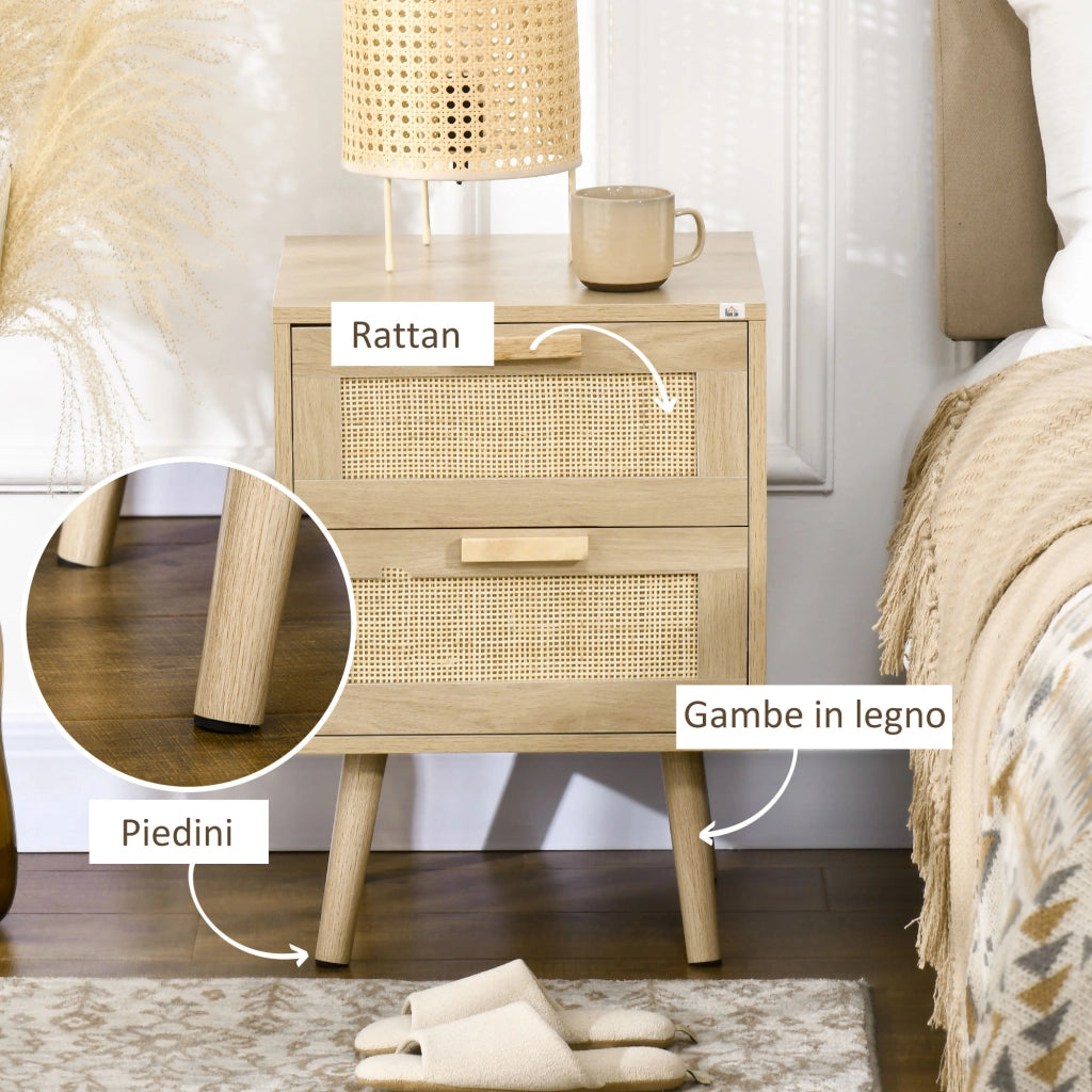 Set 2 Comodini per Camera da Letto Stile Boho con 2 Cassetti. 40x40x56cm. Legno Naturale