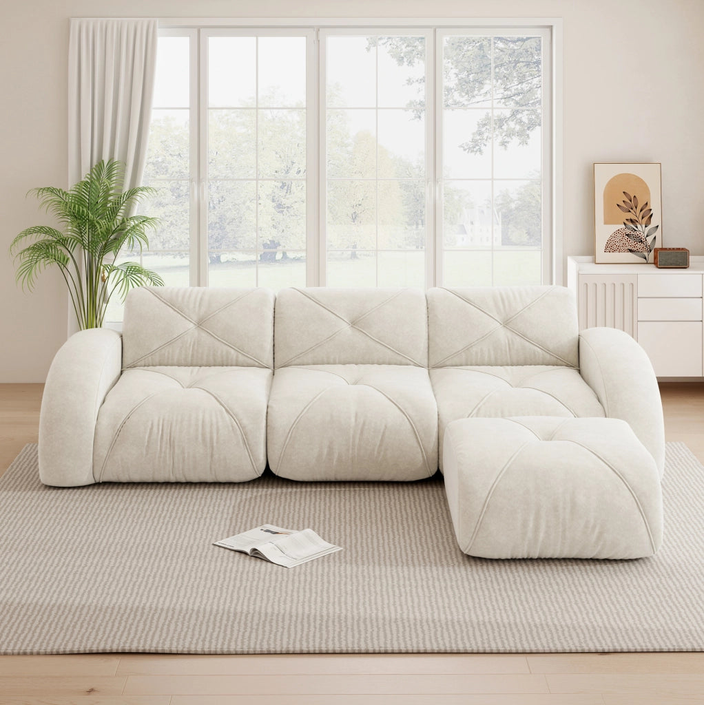 Divano modulare ad angolo in chenille; imbottitura in schiuma 32D; beige chiaro