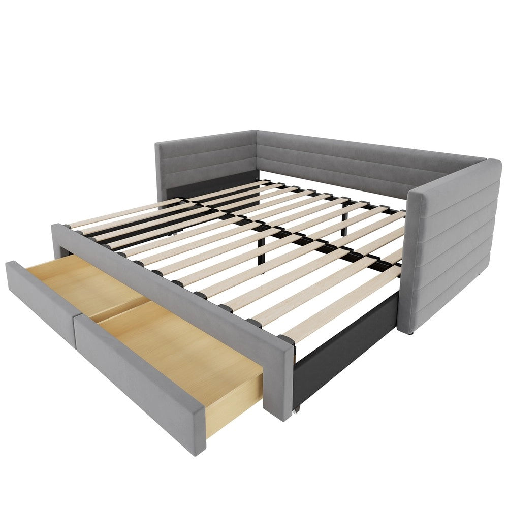 Letto Imbottito Estraibile 3 in 1 con Cassetti e Doghe ¨C MINIMAL ¨C Grigio 90x190 Cotone Lino