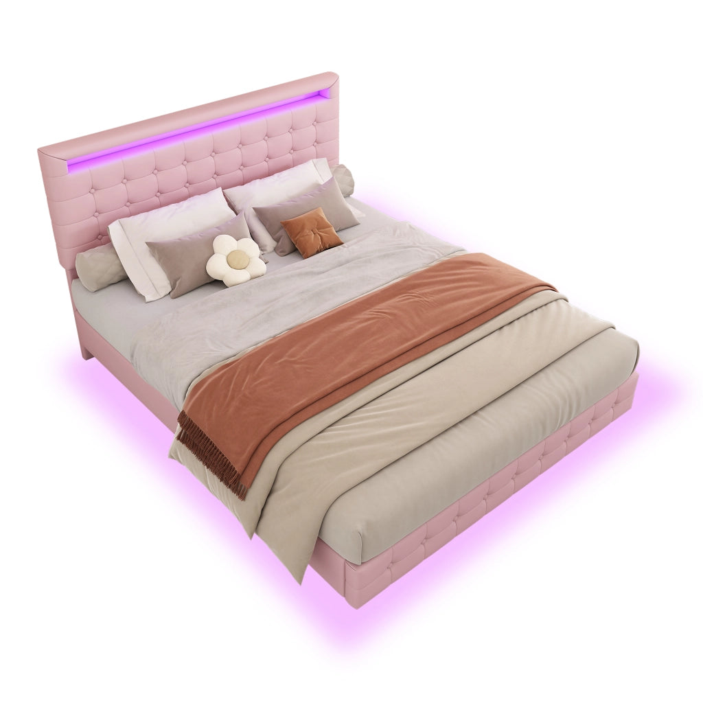 Letto Imbottito con LED e Testiera Regolabile ¨C MINIMAL ¨C Rosa 140x200