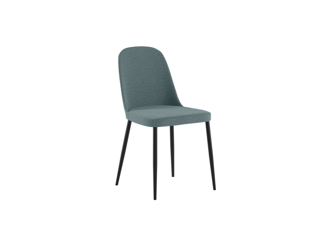 Sedia da pranzo Tamara con struttura in polipropilene e rivestimento in tessuto acquamarina, gambe in metallo nero - Design moderno