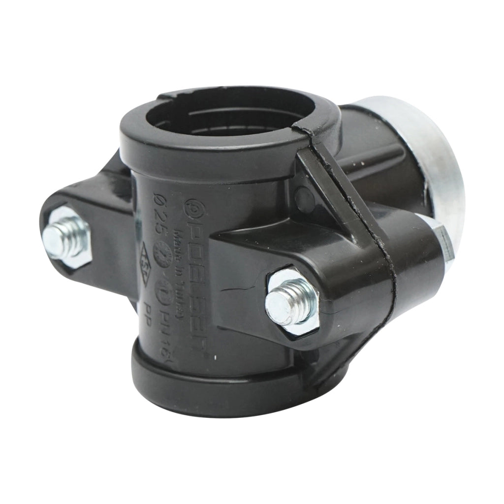 Morsetto di collegamento a compressione D25mm x 1/2 pollici, PN16, per sistemi di irrigazione.