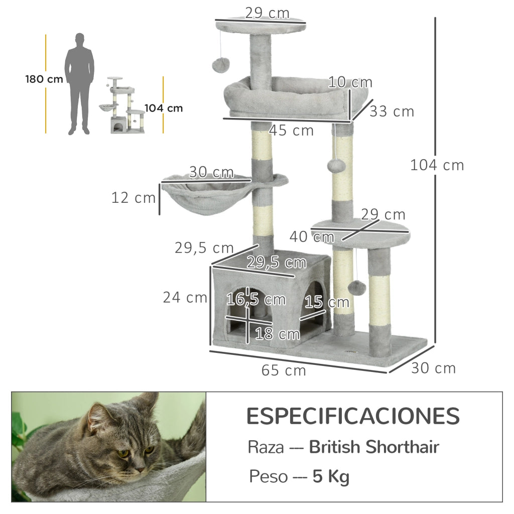 Albero tiragraffi per gatti con piattaforme e sisal ¨C zephmum ¨C grigio chiaro 104 cm