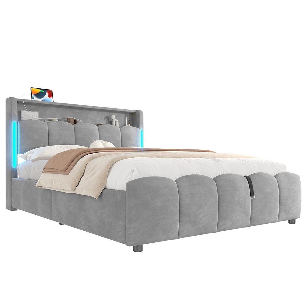 Letto 140x200cm?- Xylo - idraulico USB velluto grigio