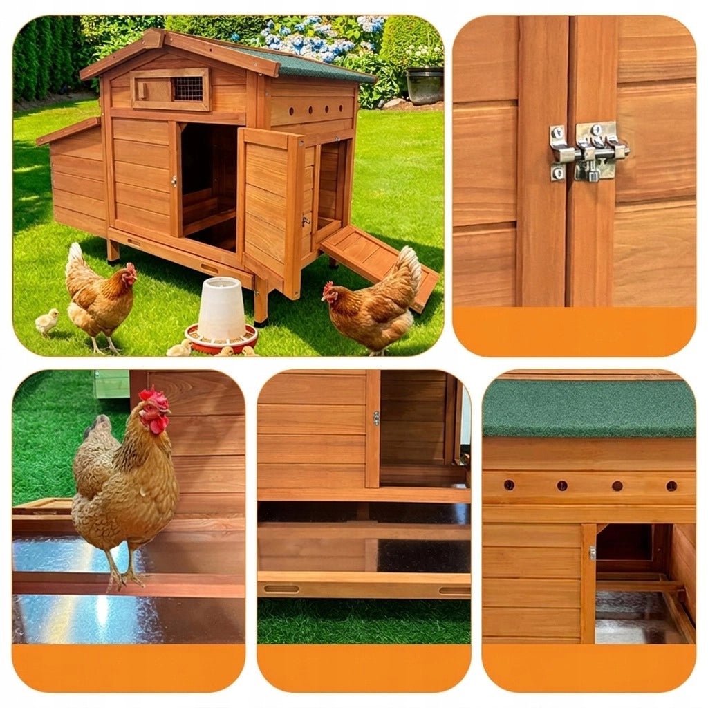Pollaio da Giardino in Legno Naturale 104×60×71;5 cm; Ricovero Rialzato per Galline con Nido e Pulizia Facile