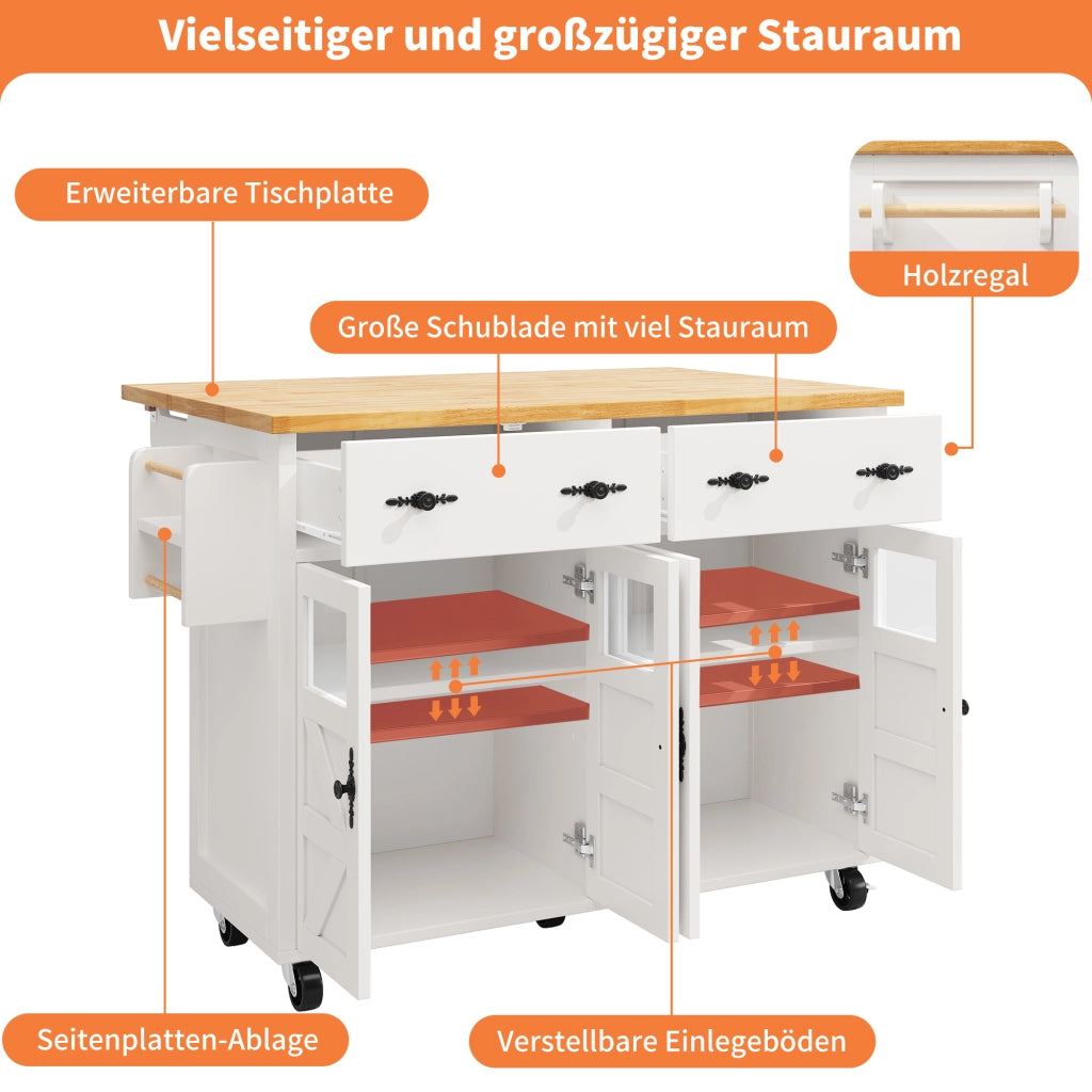Carrello da cucina con cassetto; ripiani regolabili e 5 ruote con freno per cucina e soggiorno; bianco