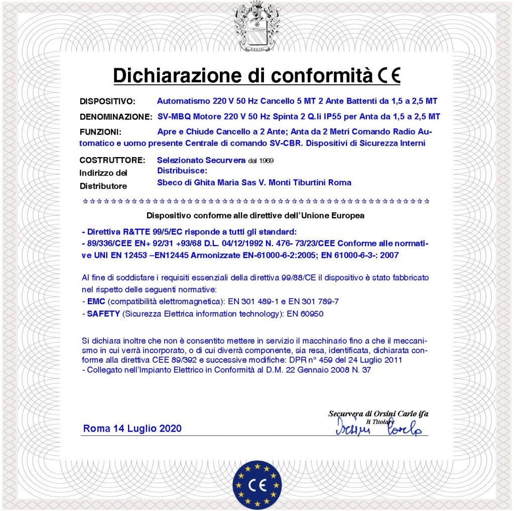 Automatismo Cancello 5 Metri 2 Ante da 2,5 MT Kit Base 2 Motori Elettromeccanici 230 V Corsa 400 mm Spinta 2 Q.li Kit Staffe 3 Radiocomandi 2 Coppie Fotocellule Faro 2 Chiavi Sblocco Cartello Monitore