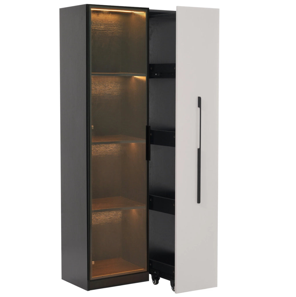 Vetrina 70x40x160 cm con illuminazione LED e ripiano laterale in MDF nero e bianco