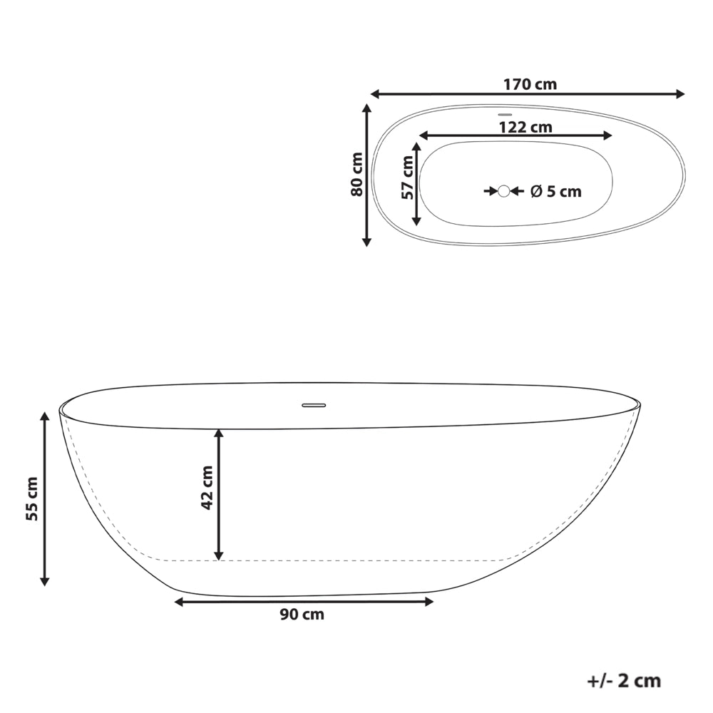 Vasca da bagno freestanding in solid surface, bianca, ovale, con bordo sottile, 170 cm