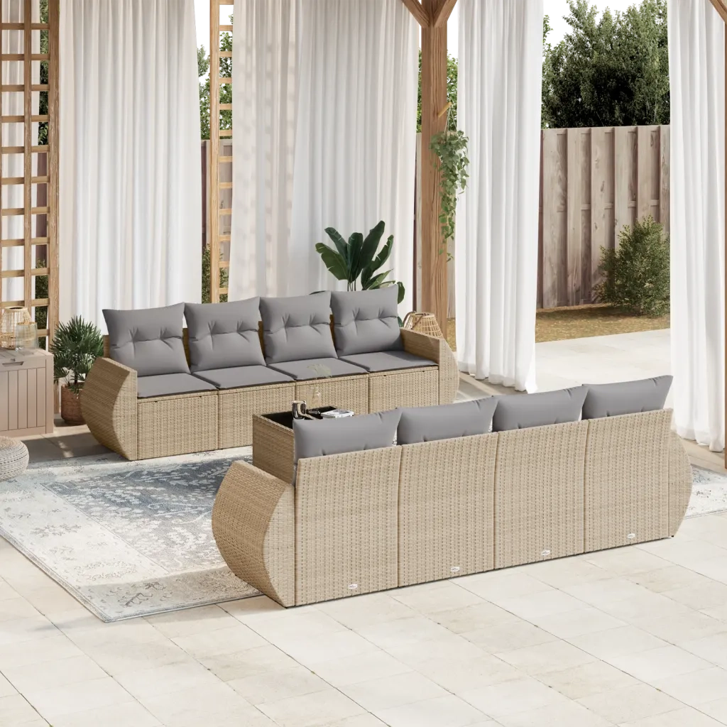Set Divano da Giardino 9 pz con Cuscini Beige in Polyrattan