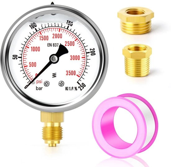 Manometro Liquido - 0-250 Bar/0-3500 PSI - 2,5 Pollici Vetrata - Acciaio Inossidabile - Busso a Sei Viti in Ottone - Controllo della Pressione Preciso - Manometro di Pressione