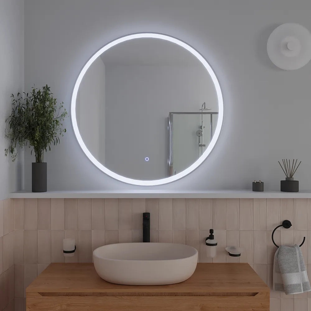 Specchio led tondo Ø 80 cm cornice bianco opaco touch screen luce calda/fredda