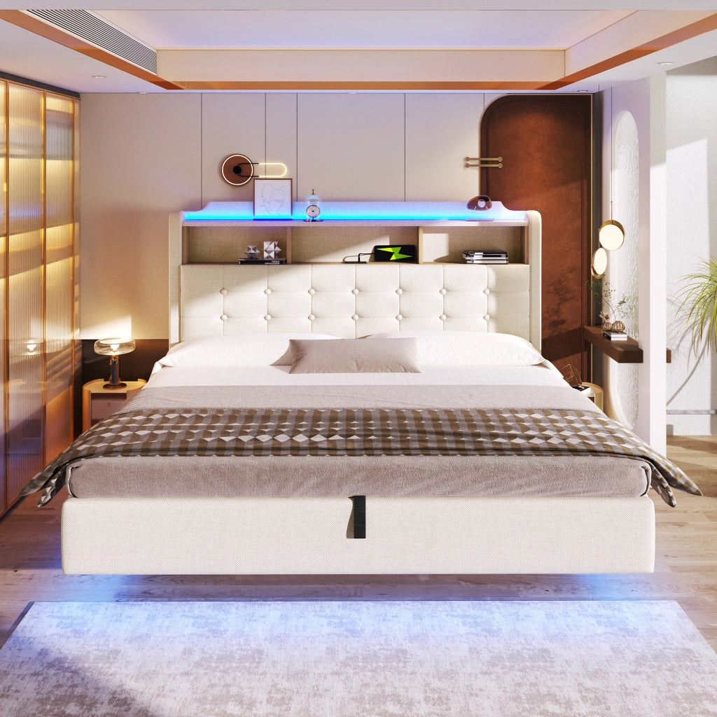 DESMIU Letto contenitore 180 × 200 cm 2 posti con LED, USB, Type-C, senza materasso, beige