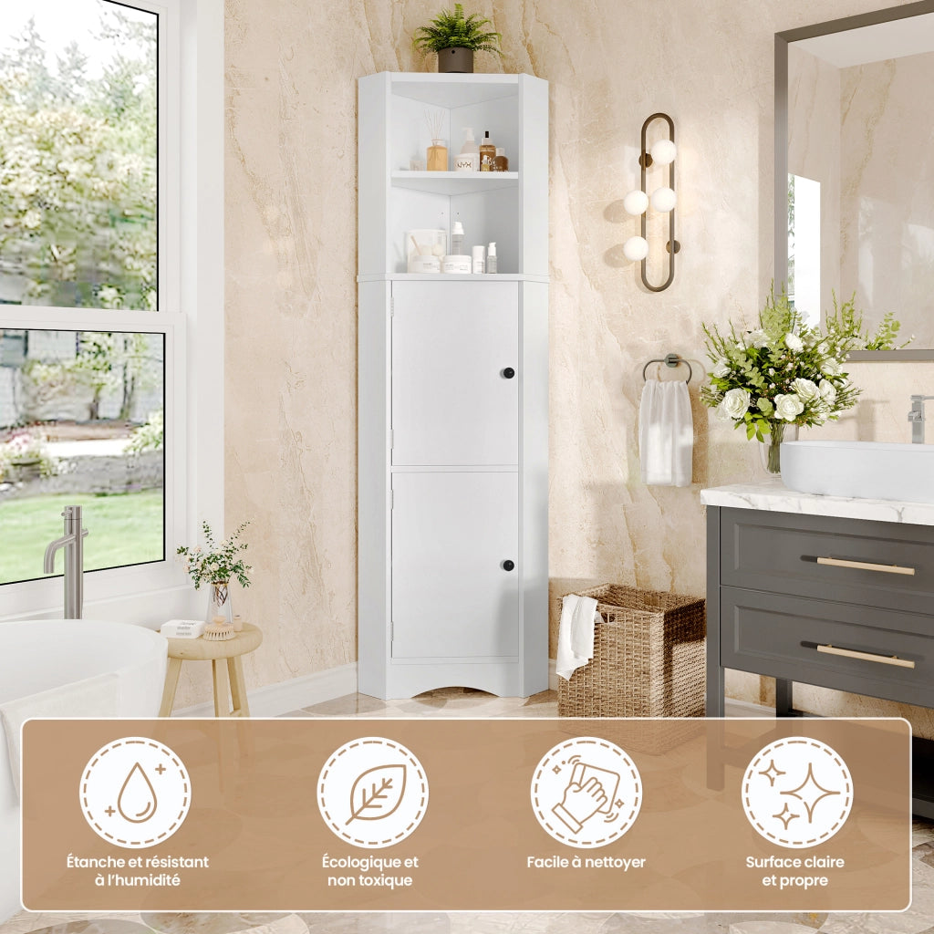 Mobile angolare da bagno con 2 ante, 2 vani aperti e ripiani regolabili, in MDF laccato, bianco, 51.7 × 32 × 155.4 cm