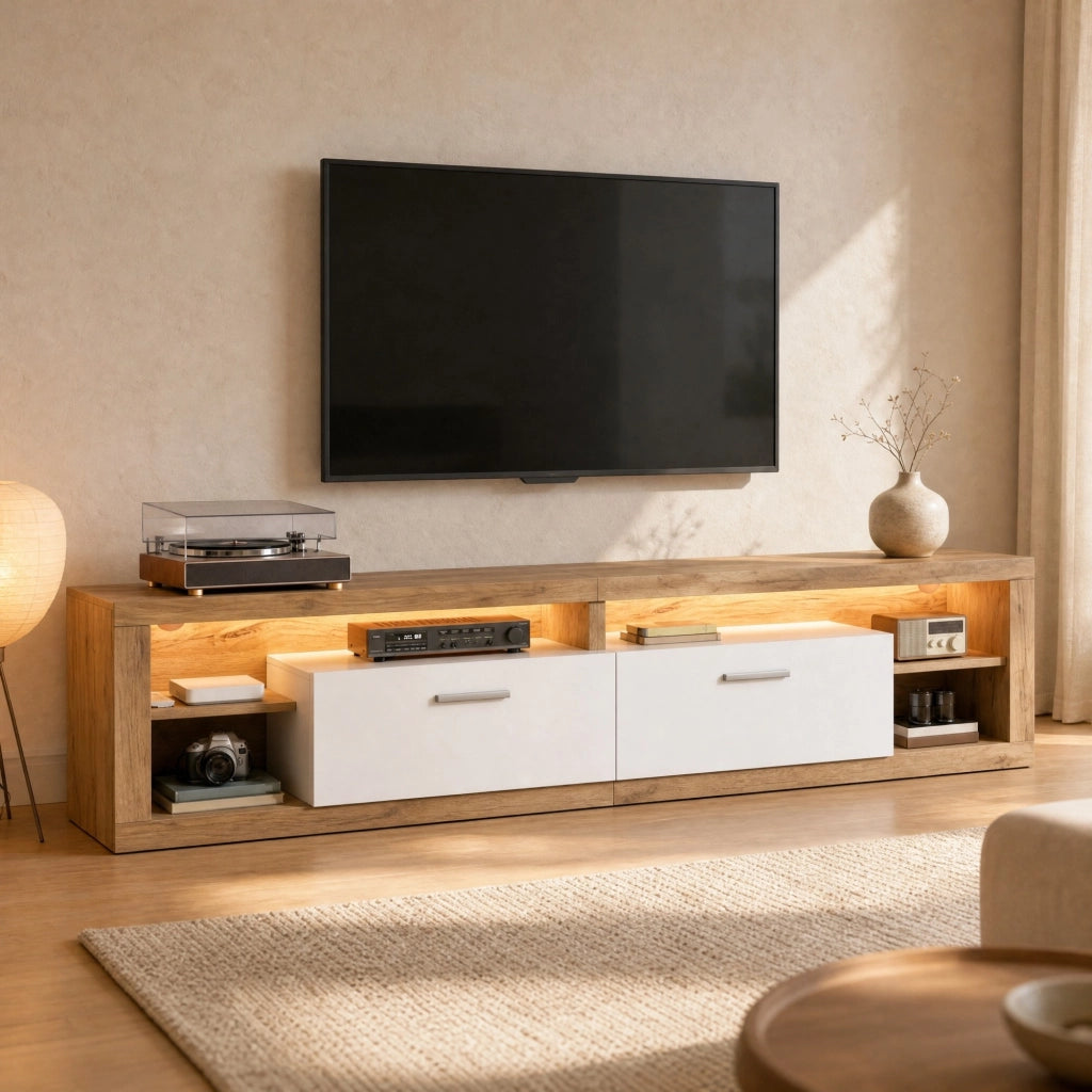Mobile TV con 2 cassetti e 4 vani; LED controllata da app - per soggiorno - 180×35.5×50 cm - in truciolare - naturale