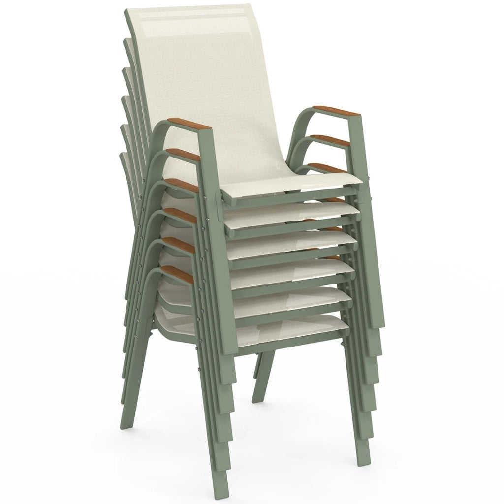 IDMarket - Set di 6 sedie da giardino impilabili NOUMEA in metallo e textilene, verde e legno