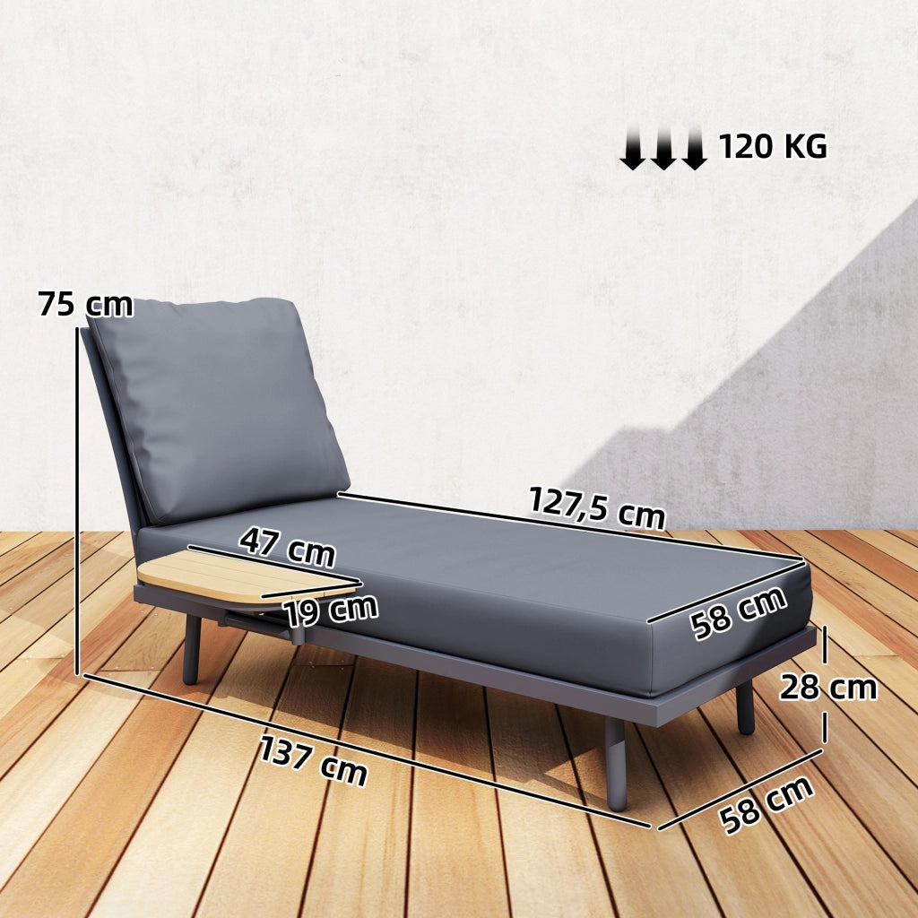 Lettino Prendisole da Giardino ¨C Xylo ¨C con Cuscini e Ripiano Laterale Metallo Grigio 58x137x75cm