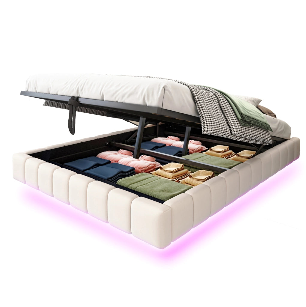 Letto imbottito 140x200 cm con contenitore e LED; beige