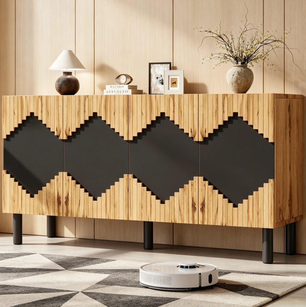 Mobile contenitore con 4 ante push-open 140x40x70 cm in MDF e truciolare; naturale e nero