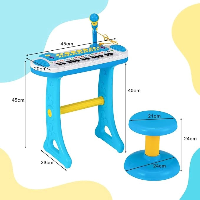 Pianoforte Digitale per Bambini 31 Tasti, Tastiera Elettronica Portatile, con Microfono e Luci, Funzionamento Registrazione e Playback, 3+ Anni, 45x23x45 cm (Blu)