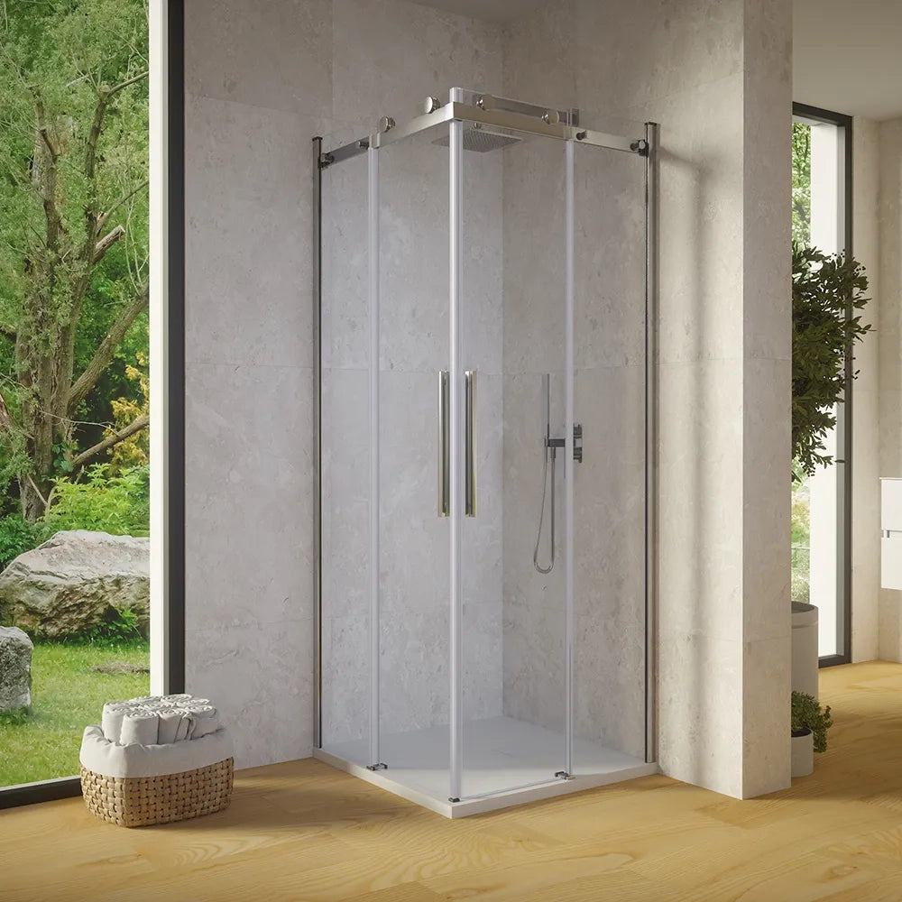 Box doccia angolare 70x70cm due ante scorrevoli  vetro 8mm trasparente profili cromati h195 | Creta
