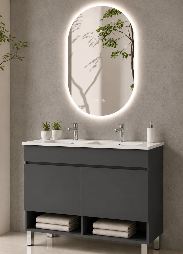Mobile bagno con piedini con lavabo extrapiano ORIGENBATH NEBARI senza specchio 120x45 cm doppio lavabo grafite