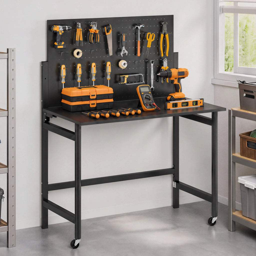 Banco da lavoro mobile pieghevole con pannello forato ¨C Minimal ¨C Nero, acciaio, 120x60x90 cm