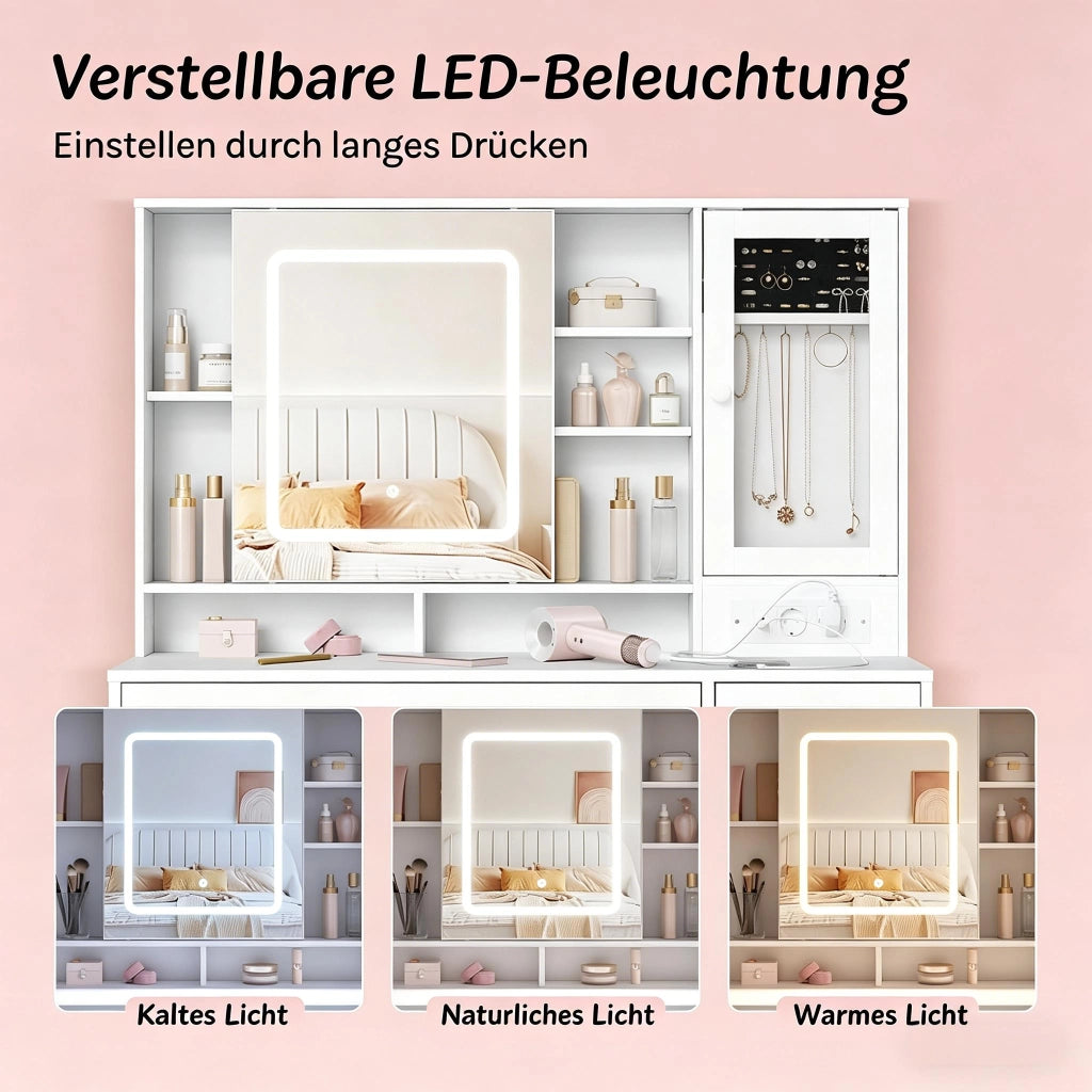 Toeletta con specchio LED; 2 cassetti; armadio e ripiani per camera da letto; 108×40×139 cm